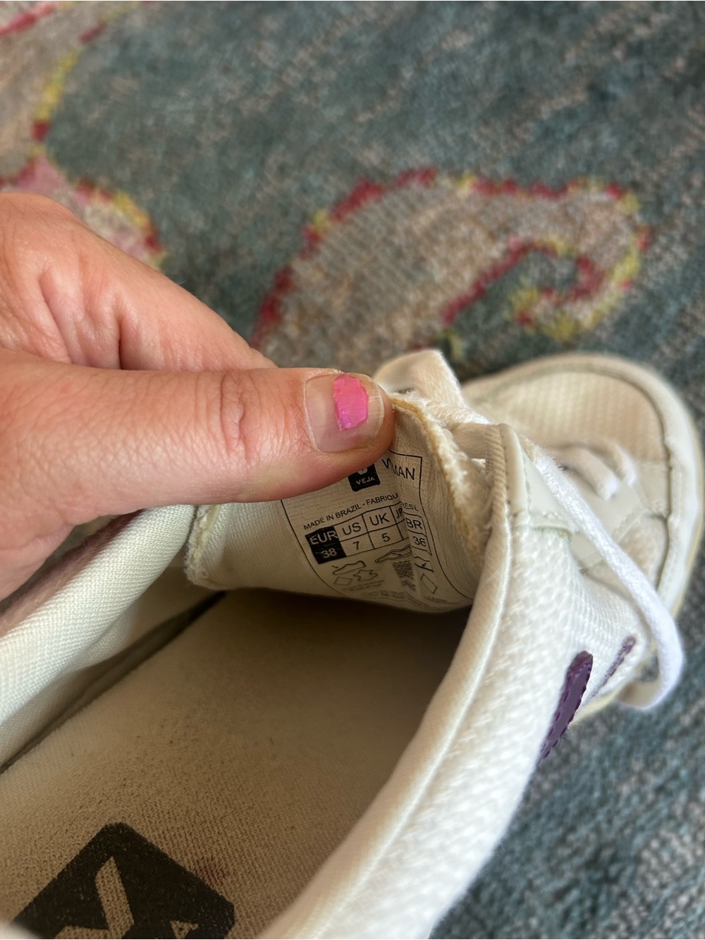 Veja V-12 White Leather Sneakers with Purple V and Yellow Heel Tab - Picture 3 of 8